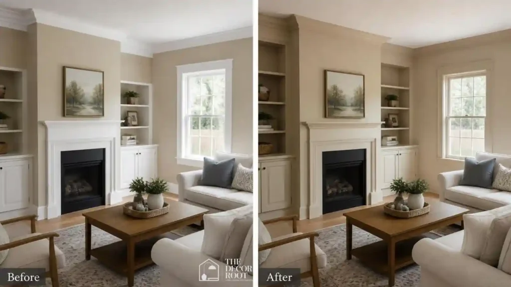 Before and after graphic of a small room with high-contrast trim versus low-contrast monochrome paint