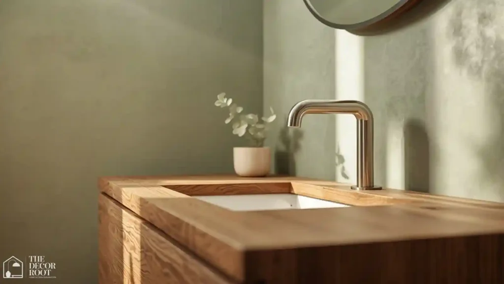 Bathroom vanity in warm wood against a cool sage green wall showing spa color contrast