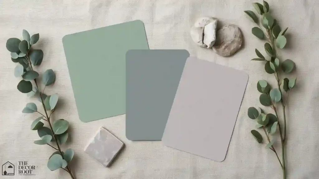 Flatlay of spa bathroom color swatches, stone tile samples, and eucalyptus branches