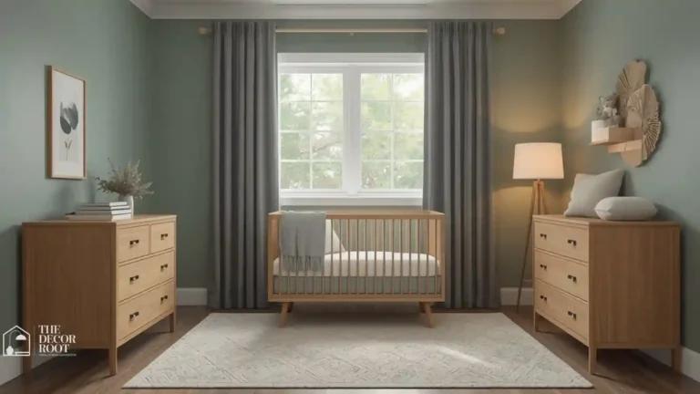 Soft sage green nursery with warm wood crib and dusty blue accents designed to calm a baby