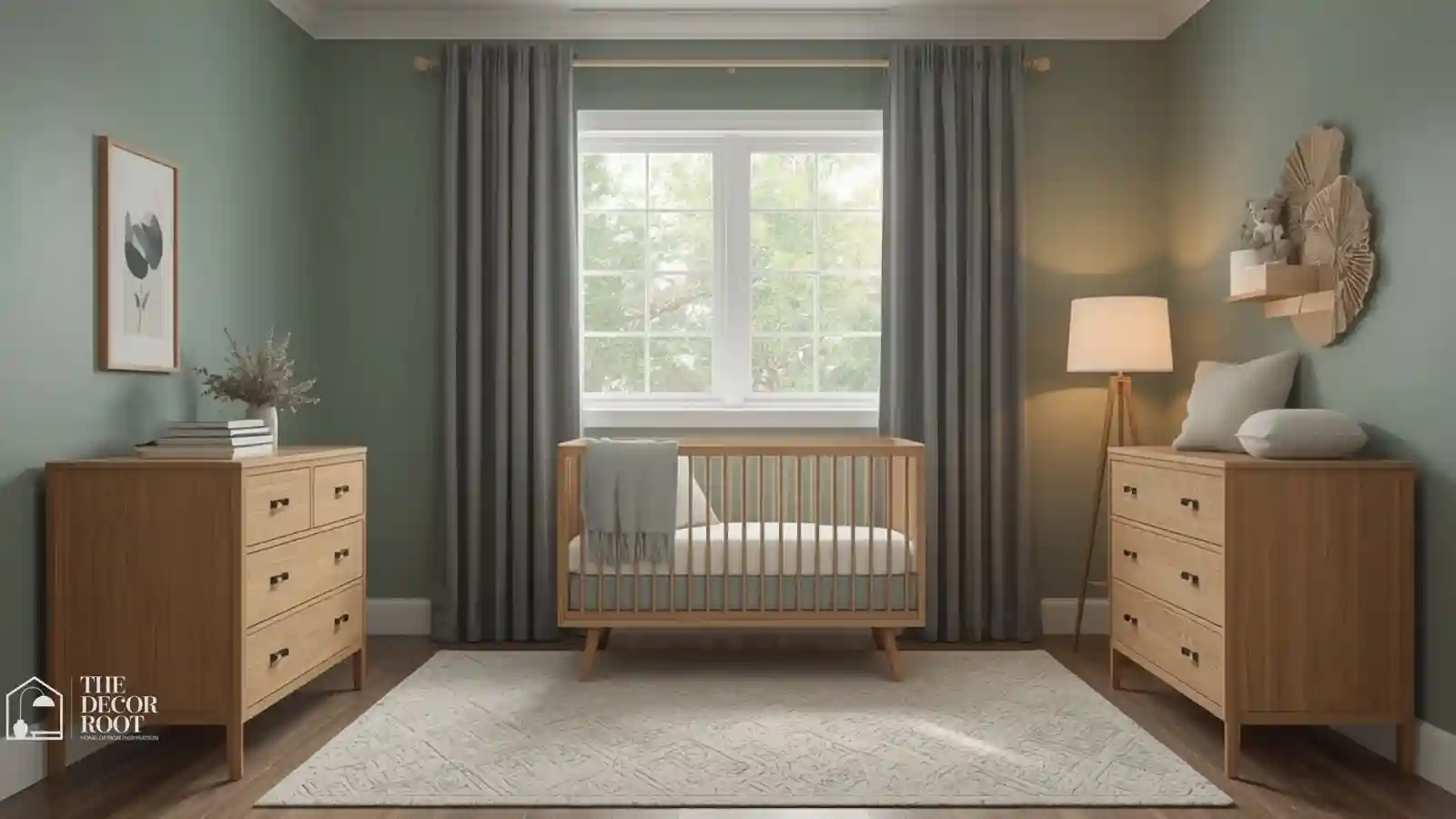 Soft sage green nursery with warm wood crib and dusty blue accents designed to calm a baby