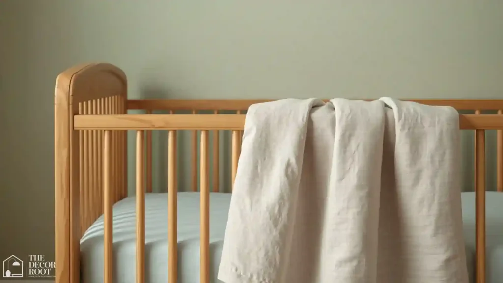 Close-up of a crib against a muted sage wall showing the baby's direct sightline color palette