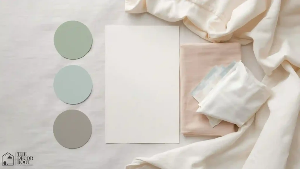 Flatlay of muted nursery paint swatches, swaddle fabric, and crib sheet samples