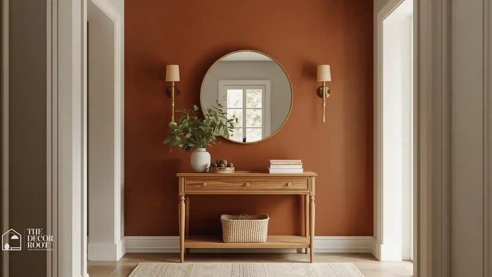 Warm terracotta entryway wall with wood console table demonstrating color psychology