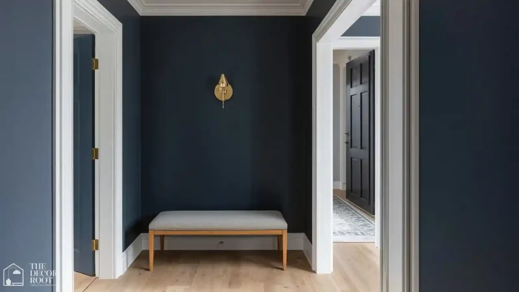 Deep navy entryway wall with brass light fixture and light wood floor