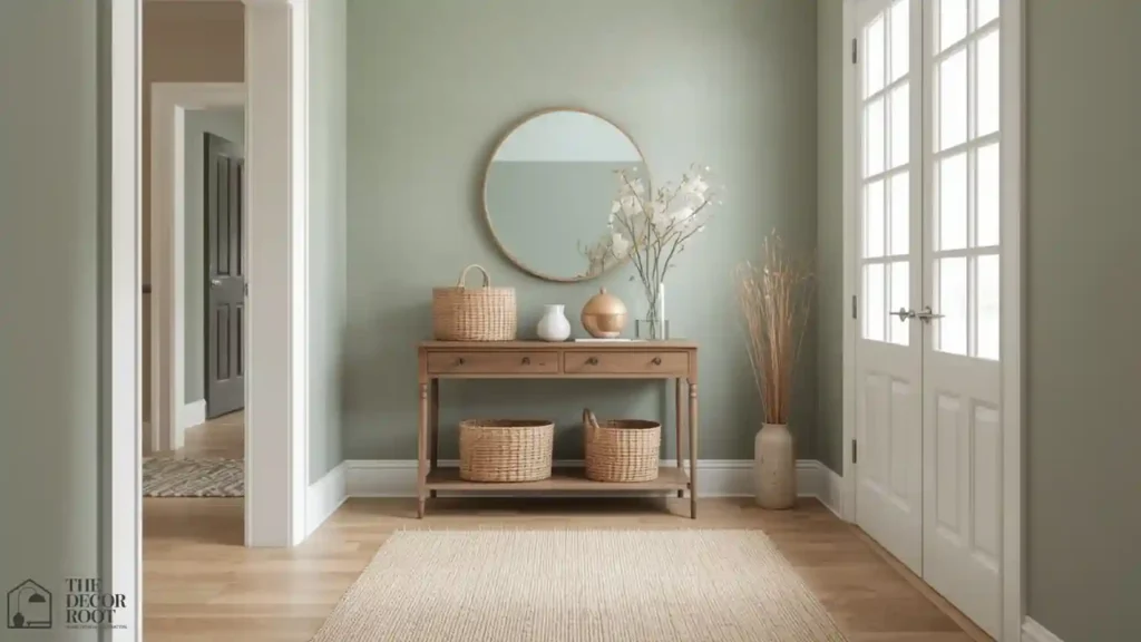 Soft sage green entryway wall with wood console and woven basket