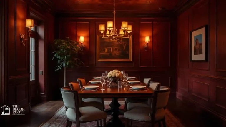 Deep burgundy dining room with wood table and warm pendant lighting