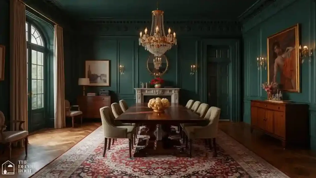 Forest green dining room with brass chandelier and wood dining table