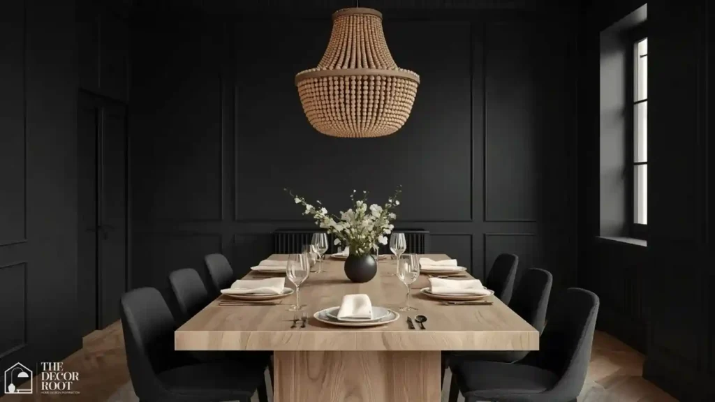 Matte black dining room with light wood table and wood bead chandelier