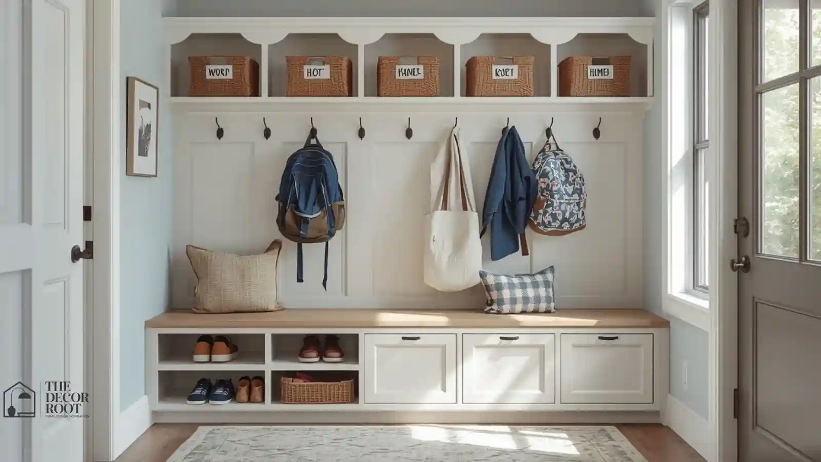 Organized entryway with labeled cubbies, hooks, and shoe storage for kids