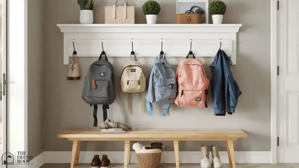 Labeled kid-height hooks with backpacks and jackets hanging in an entryway