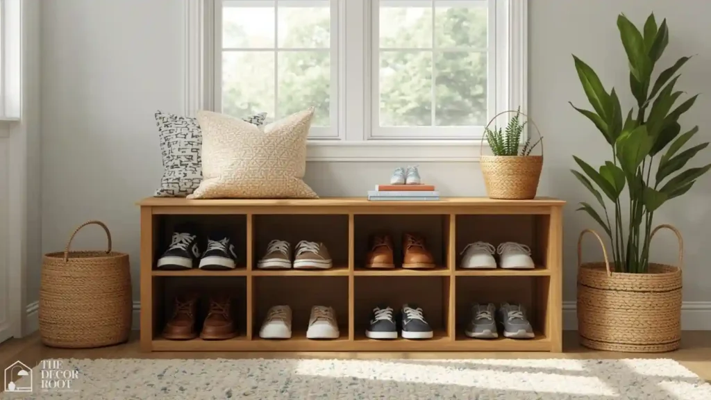 Shoe storage bench with kids' shoes organized underneath in an entryway