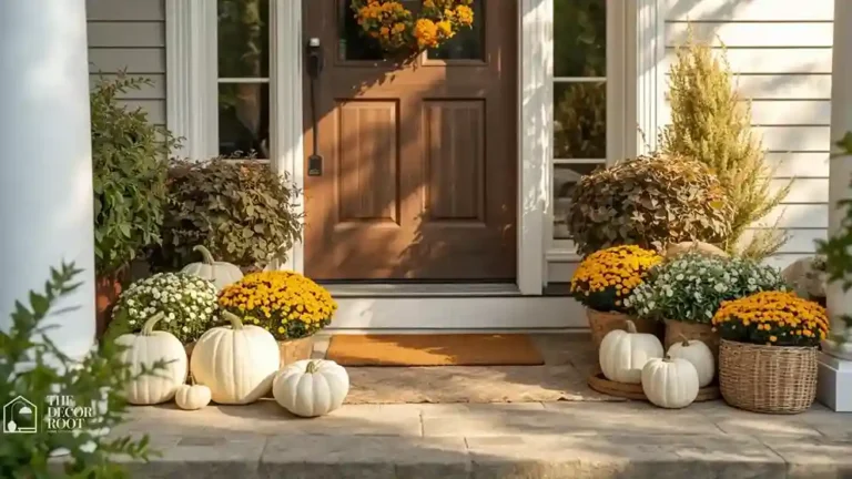 Early fall front porch styled with neutral pumpkins, mums, and woven baskets