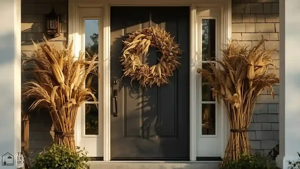 Dried botanical wreath on a front door with corn stalks nearby