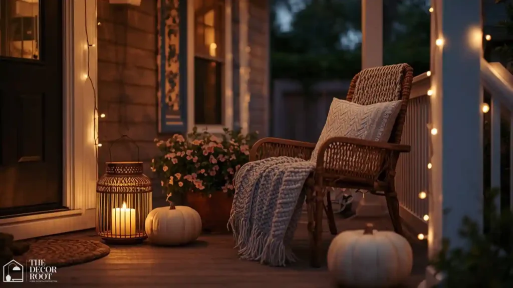 Woven outdoor lanterns and string lights on a porch at dusk