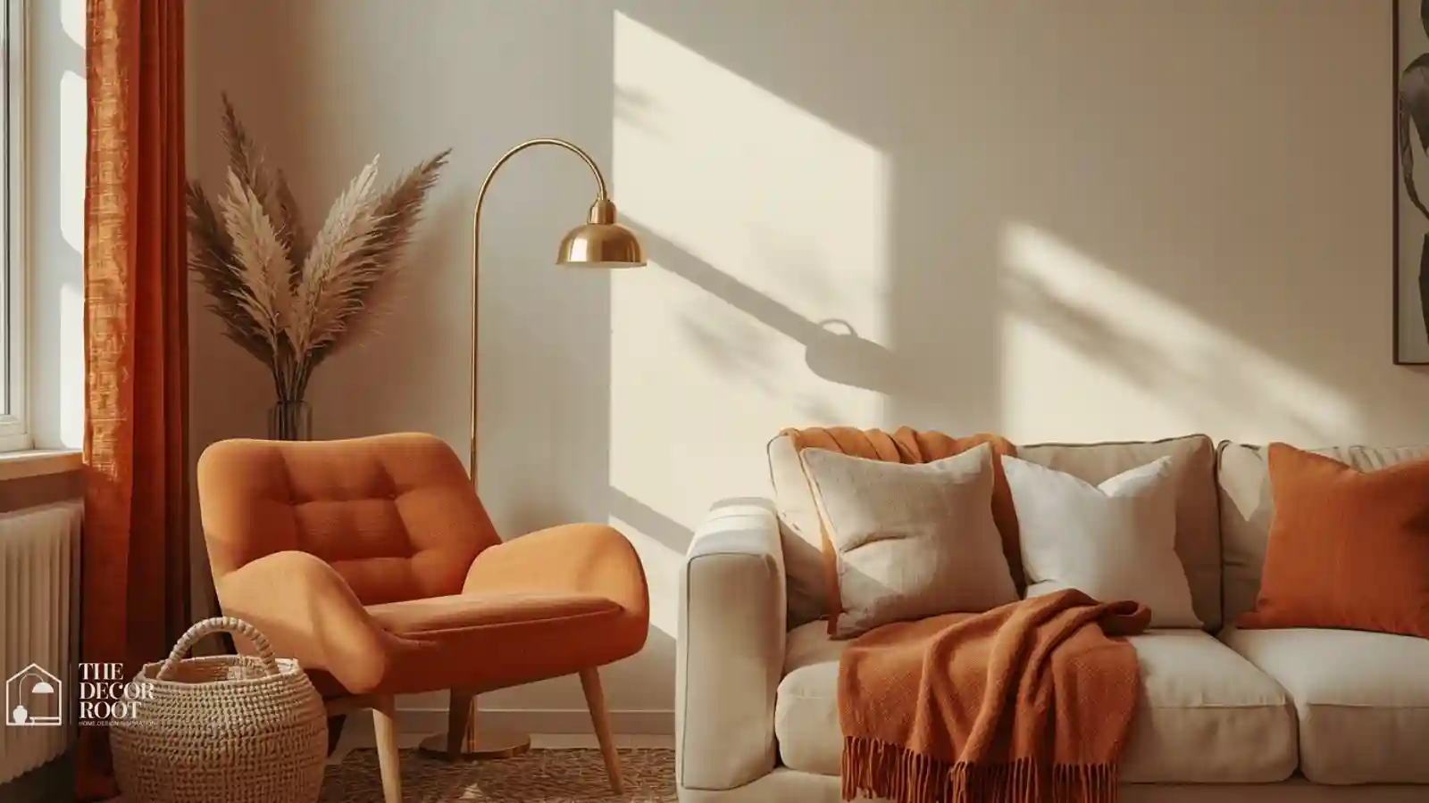 Warm fall color palette in a cozy living room with terracotta and cream tones