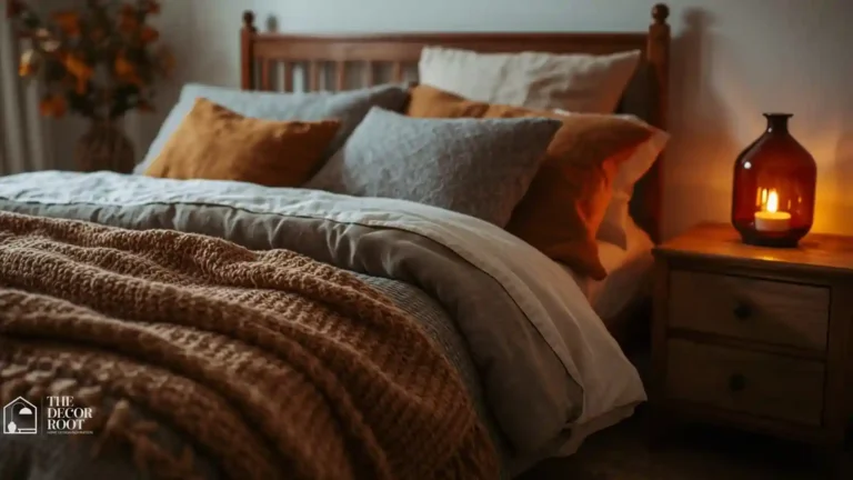 Cozy fall bedroom with layered flannel bedding and warm amber lighting