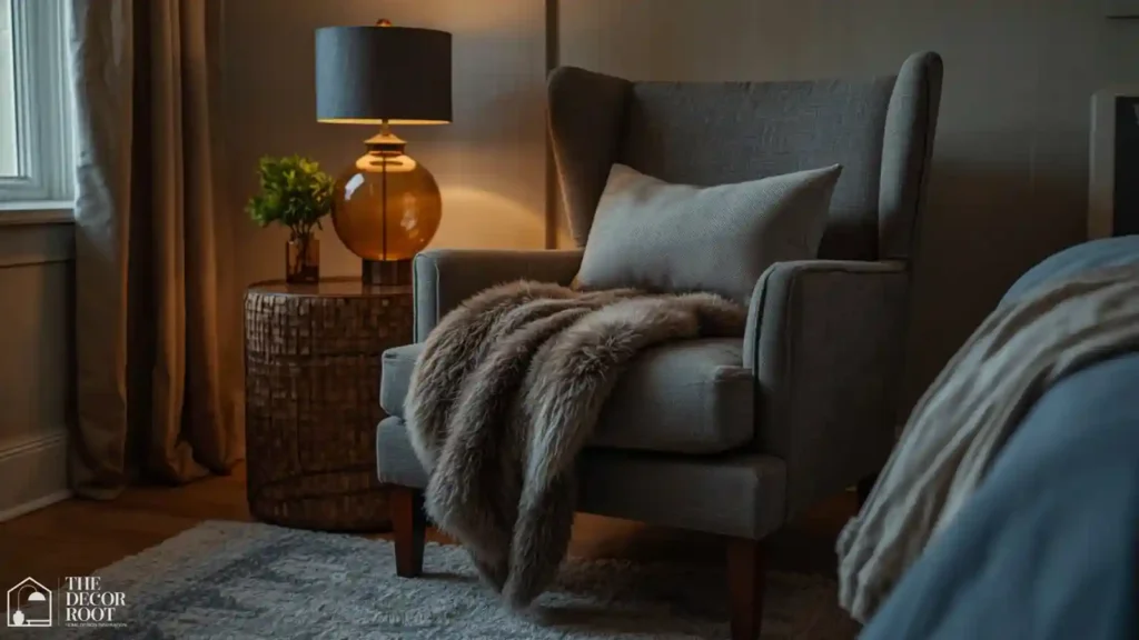Cozy fall bedroom reading nook with faux fur throw and amber lamp