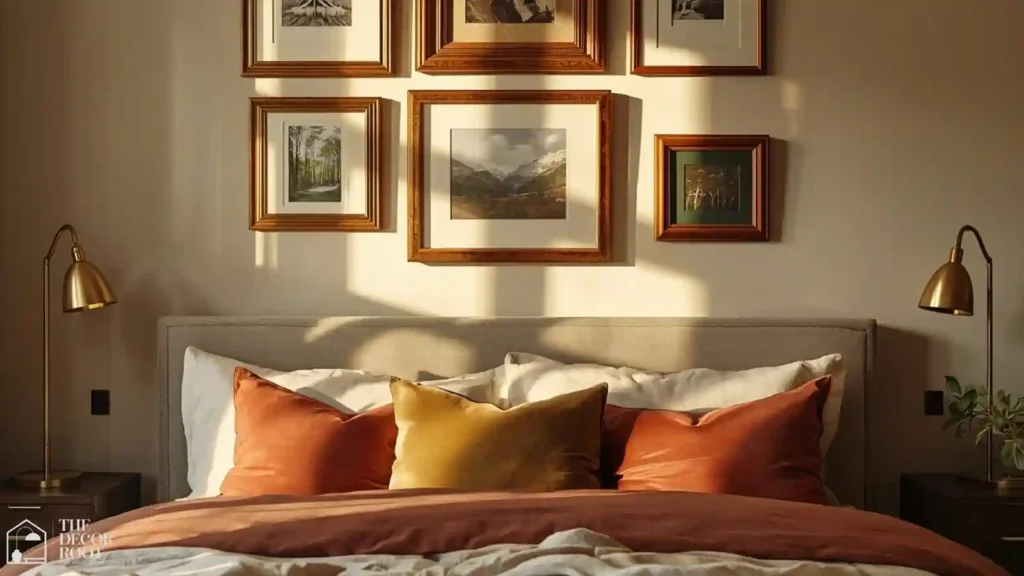 Cinnamon and cream boucle fall color palette in a cozy bedroom reading corner