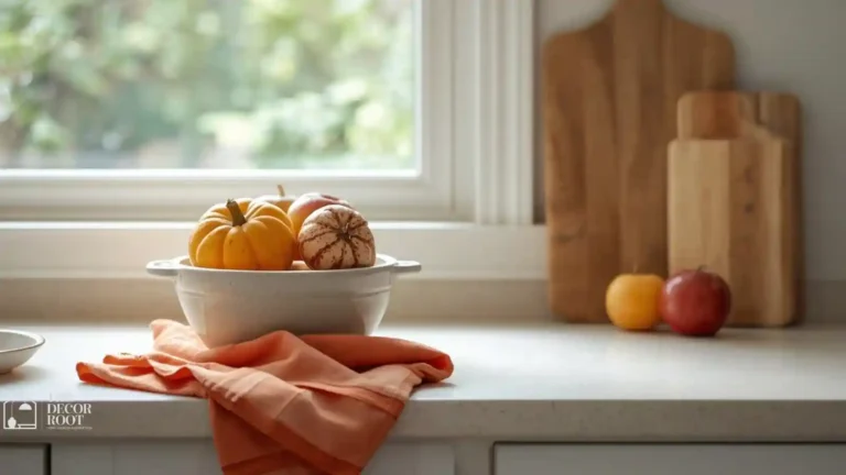 Fall kitchen styling with terracotta accents and seasonal produce on a warm wood countertop