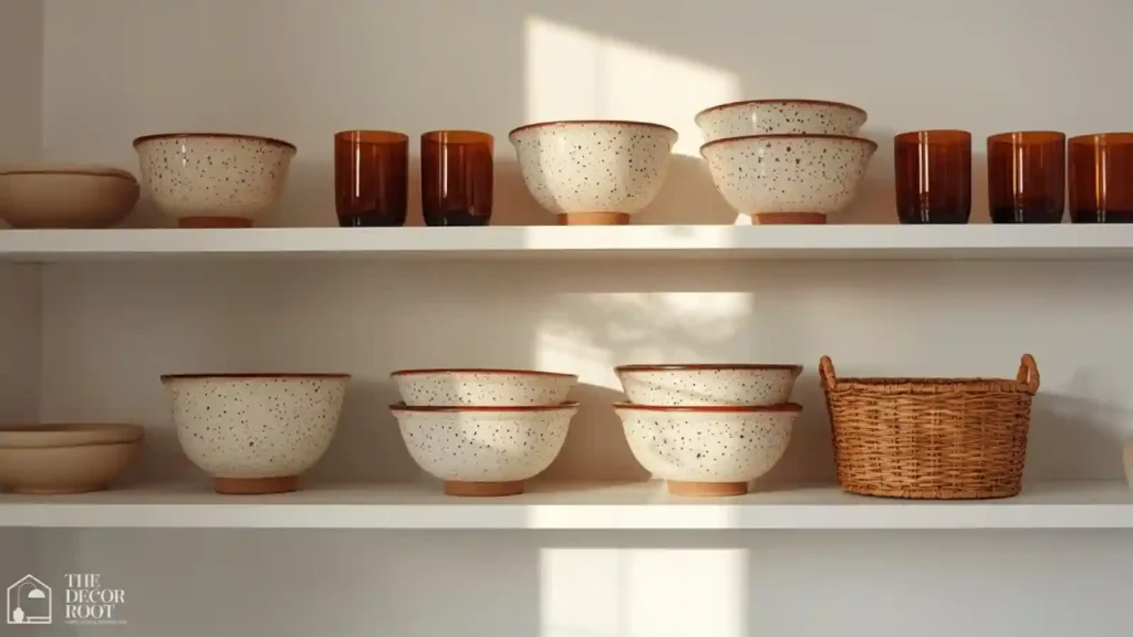 Fall kitchen styling on open shelving with stoneware and amber glassware