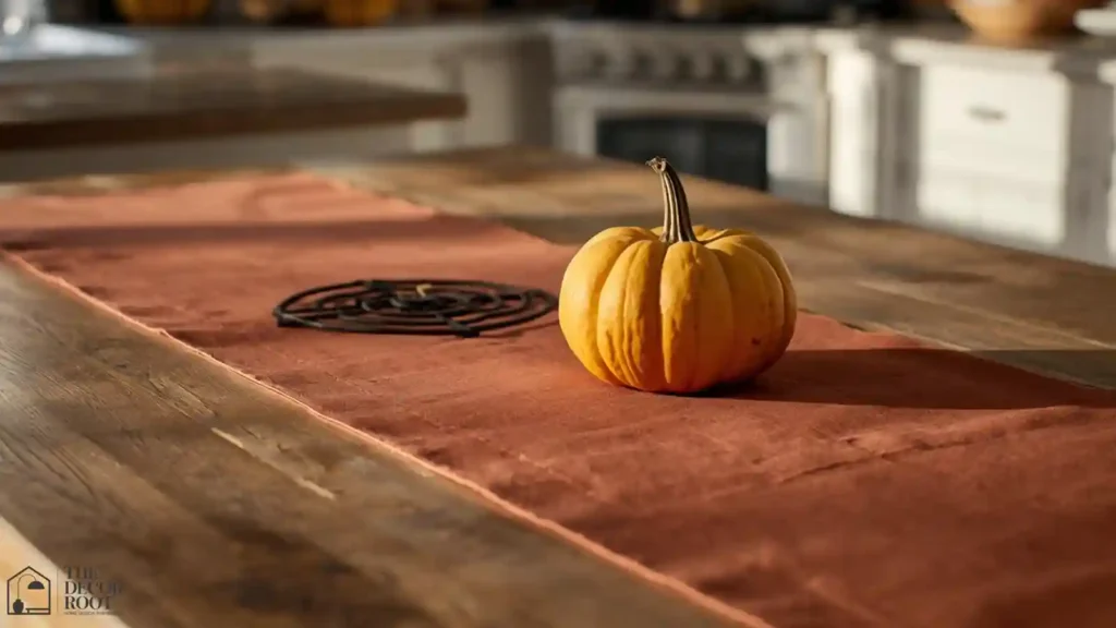 Fall kitchen island styled with a rust runner and cast iron trivets