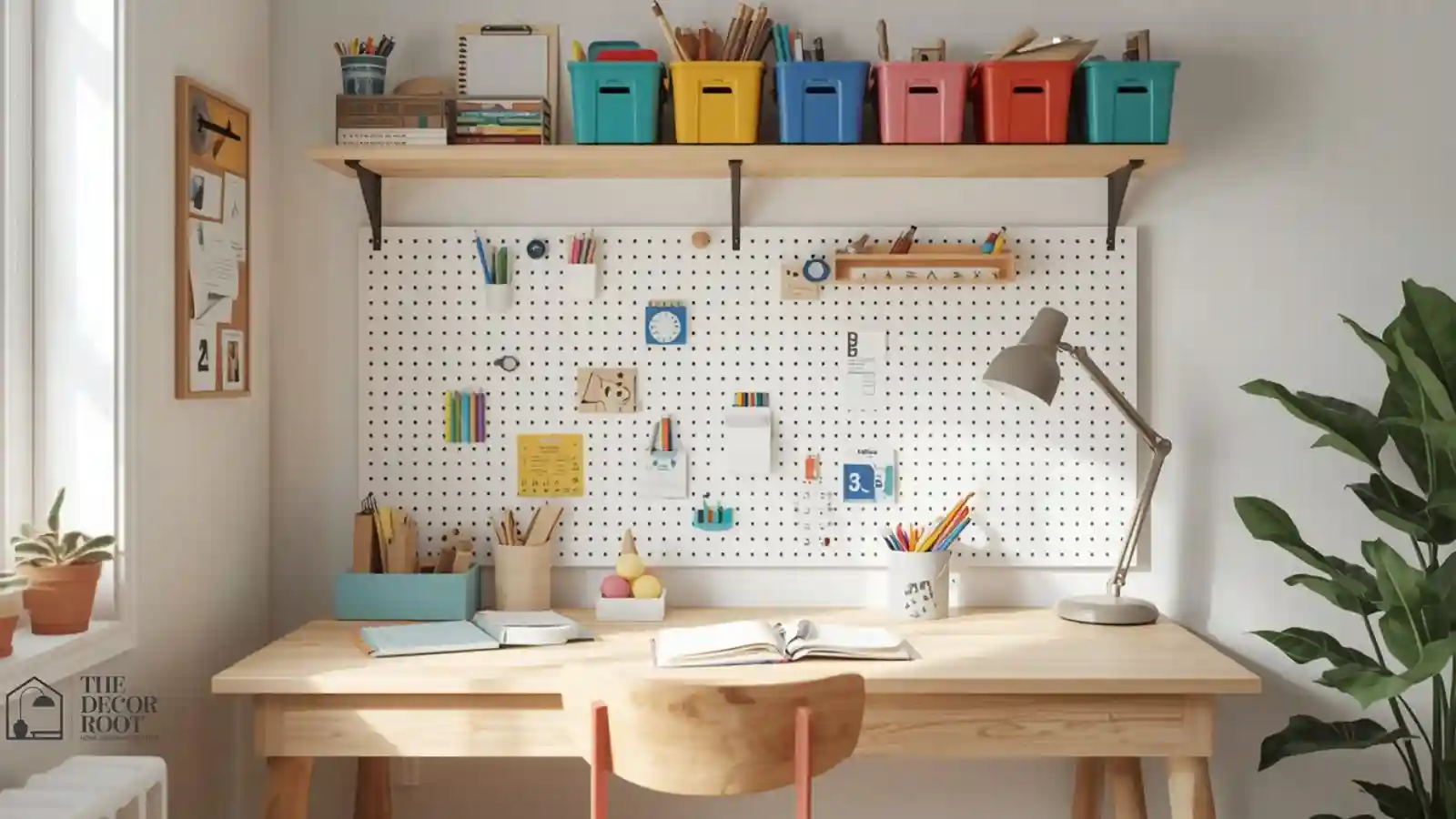 Back to school homework station with organized desk and wall storage