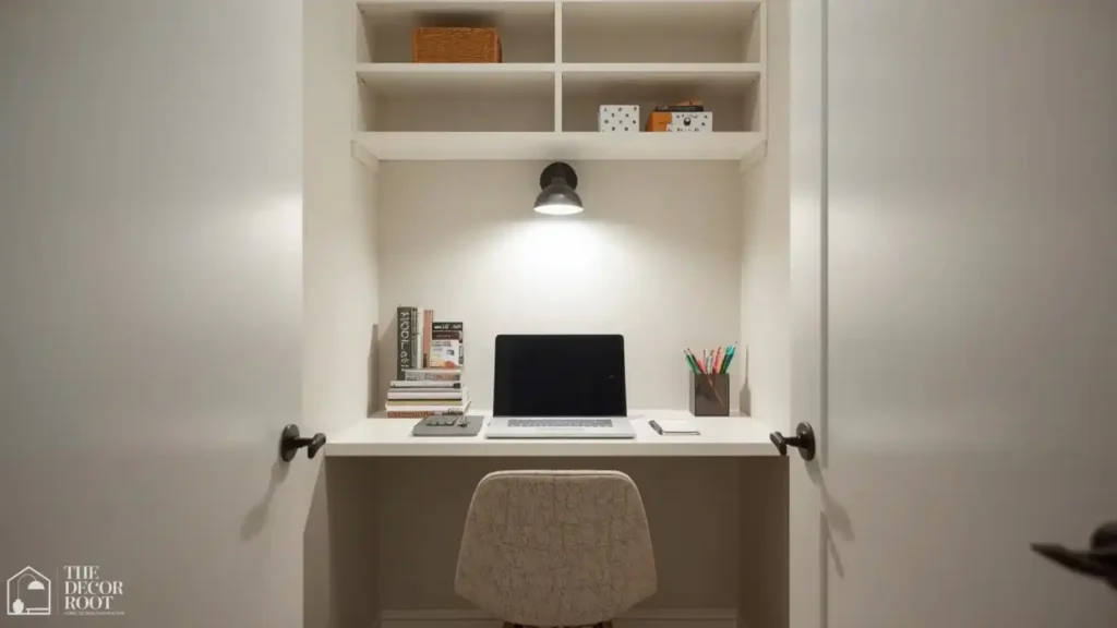 	Closet converted into a small homework nook with desk and shelf storage