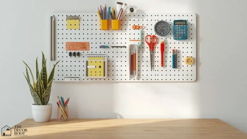 Wall-mounted pegboard organizer with school supplies above a homework desk