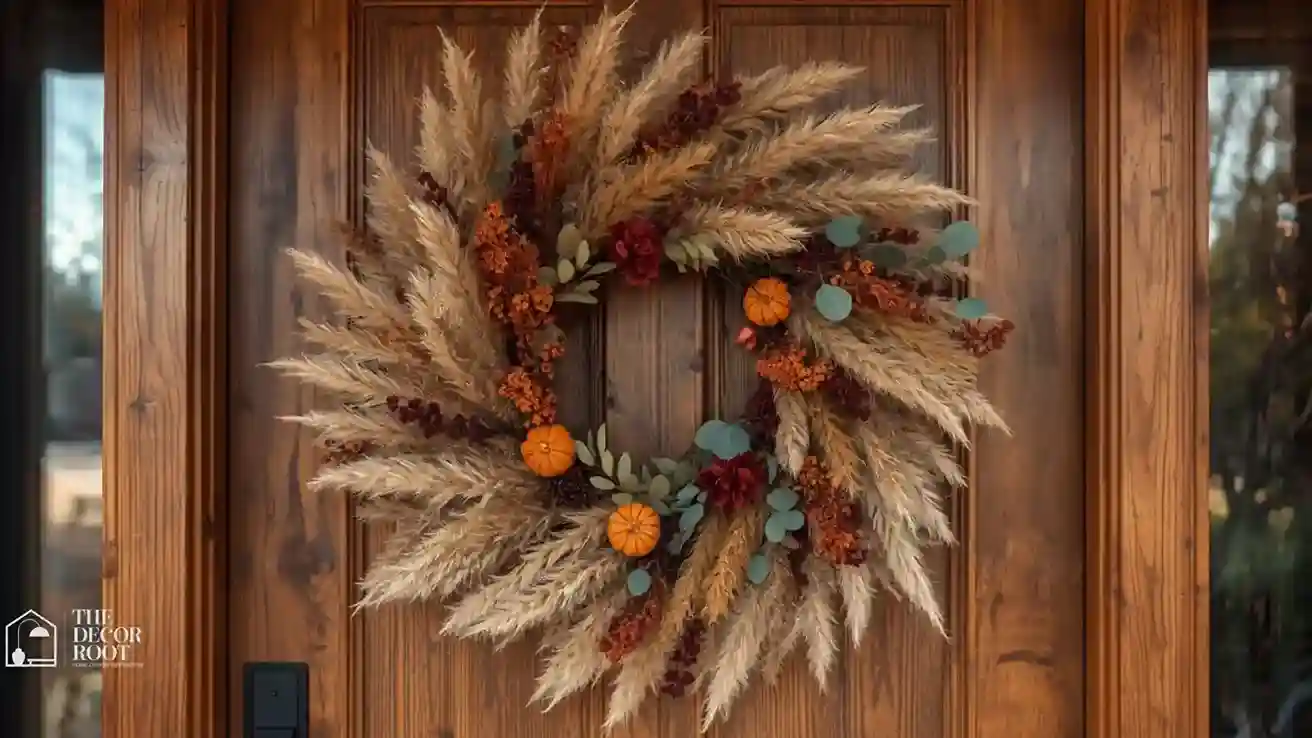 Front door decorated with a textured autumn wreath made of dried grasses and rust-toned florals, no pumpkins