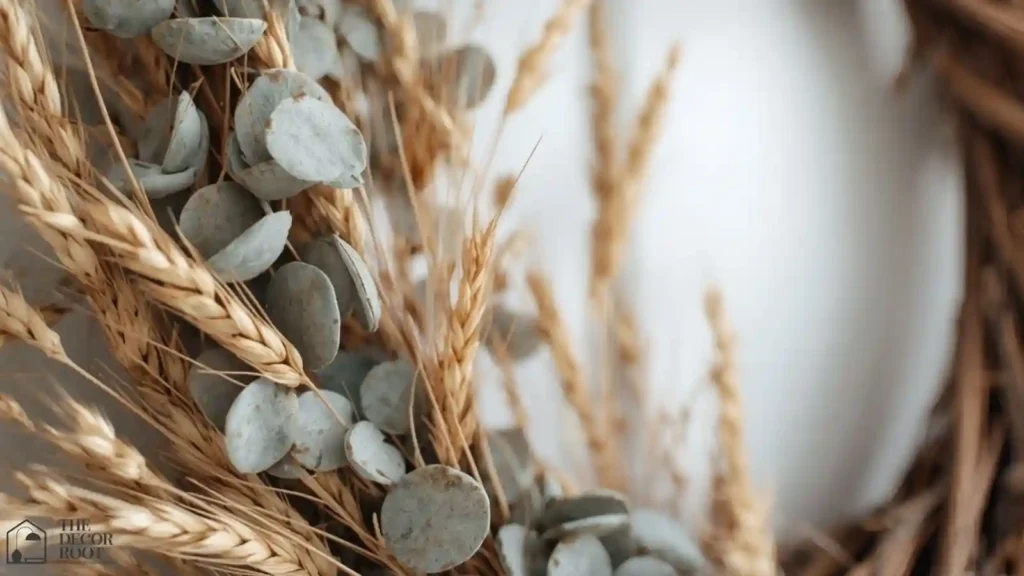 Close-up of a grapevine wreath layered with dried eucalyptus and wheat stalks on a front door