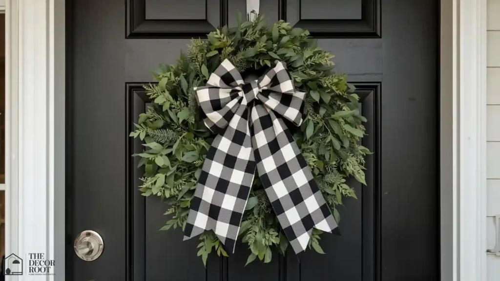 Fall wreath with an oversized plaid ribbon bow as the focal point on a black front door