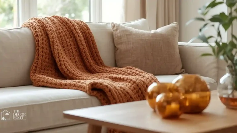 Living room styled with layered neutral textiles, warm amber accents, and a mix of summer linen and fall wool textures