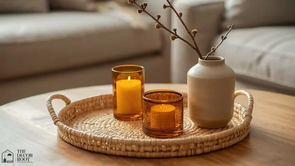 Coffee table styled with amber glass candle holders, a stoneware vase, and a rattan tray for fall