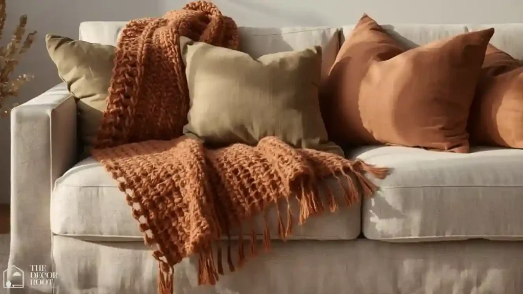 Sofa with a chunky knit rust-colored throw draped asymmetrically over the arm and layered linen pillows