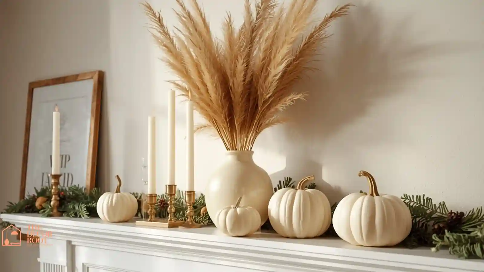 Fireplace mantel styled with layered candles, dried pampas grass, and neutral ceramic pumpkins for fall, no Christmas decor