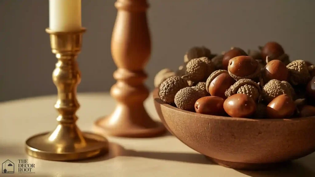 Close-up of graduated taper candlesticks and a low ceramic bowl of dried pods on a fall mantel