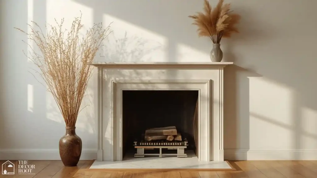 Fall mantel with a tall dried branch arrangement beside the fireplace and pampas grass in a tall vase