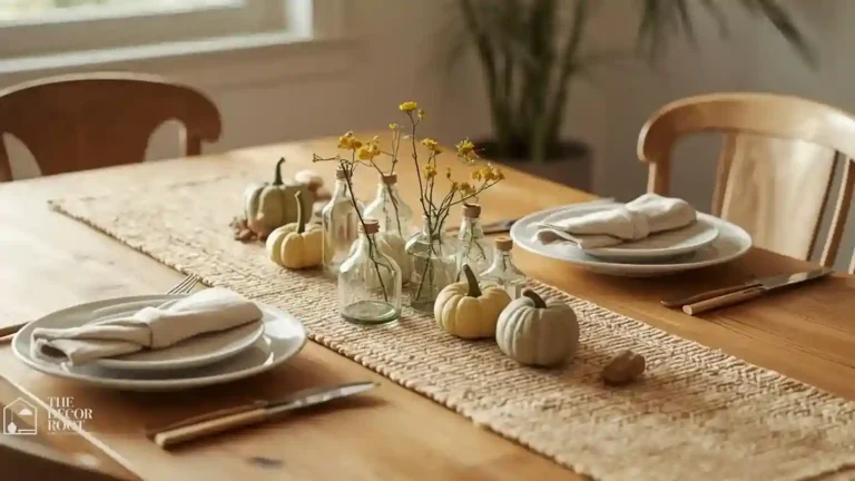 Simple weeknight dinner table with a low fall centerpiece of bud vases and mini gourds, everyday table setting