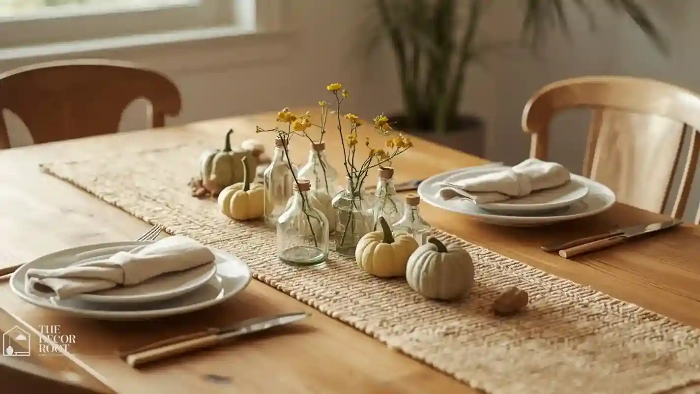 Simple weeknight dinner table with a low fall centerpiece of bud vases and mini gourds, everyday table setting
