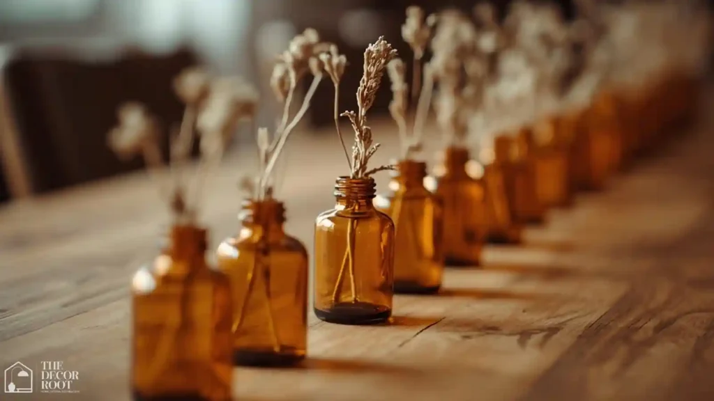 Row of small amber glass bud vases with single dried stems down the center of a dinner table