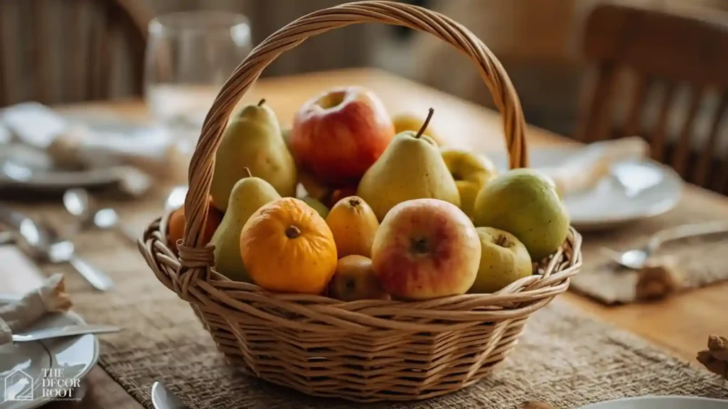 Woven basket filled with seasonal apples, pears, and small squash as an everyday fall table centerpiece