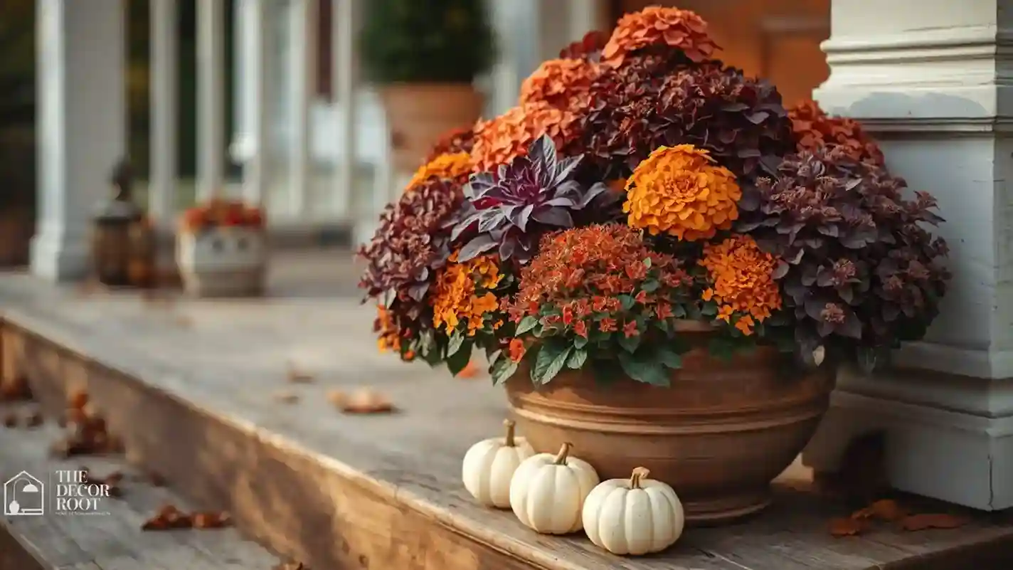Layered fall porch planter with mums, ornamental kale, and pumpkins that survives frost