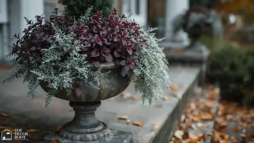 Layered fall porch planter with mums, ornamental kale, and pumpkins that survives frost