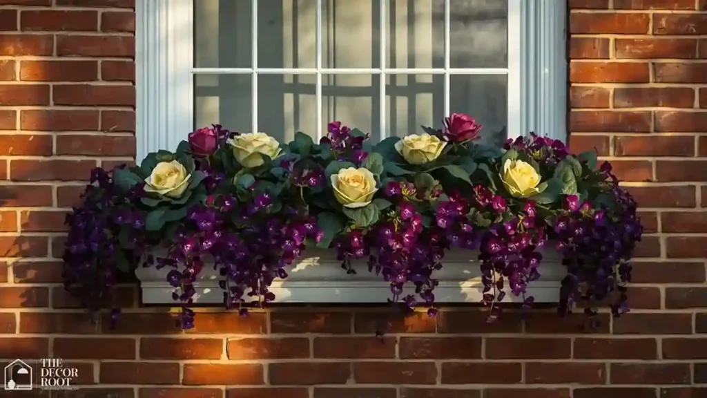 Window box planter with ornamental cabbage and trailing pansies beneath a front window