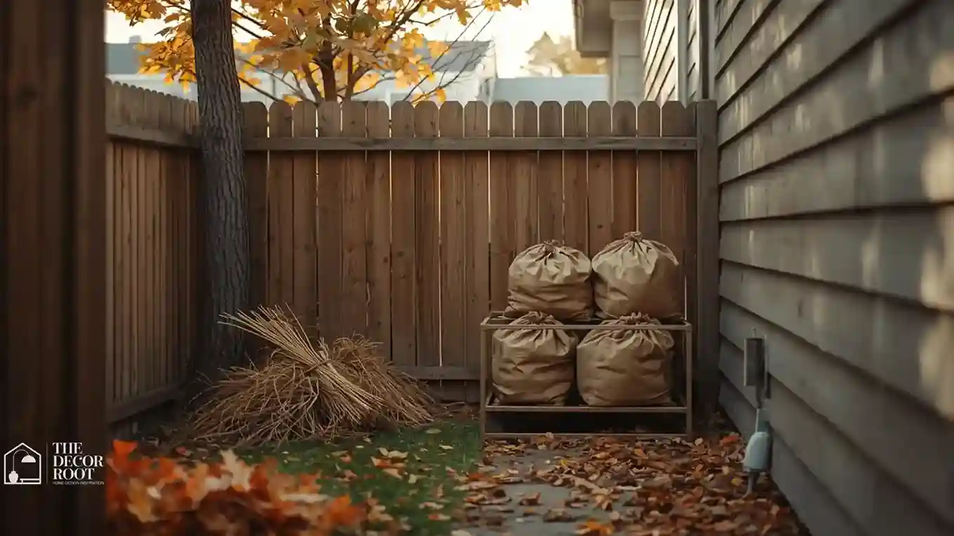 Compact leaf storage corner in a small backyard with stacked bags and bins