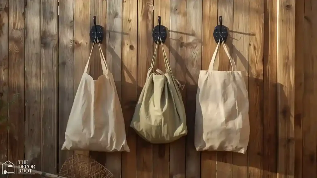 Leaf bags hanging from fence-mounted hooks in a small backyard