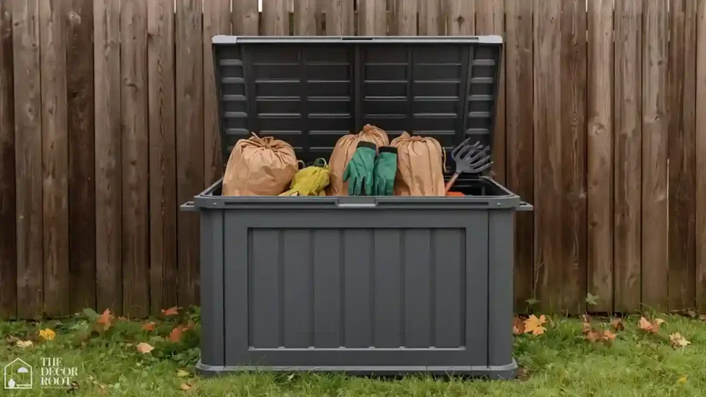 Weatherproof storage box holding folded leaf bags and yard tools against a fence