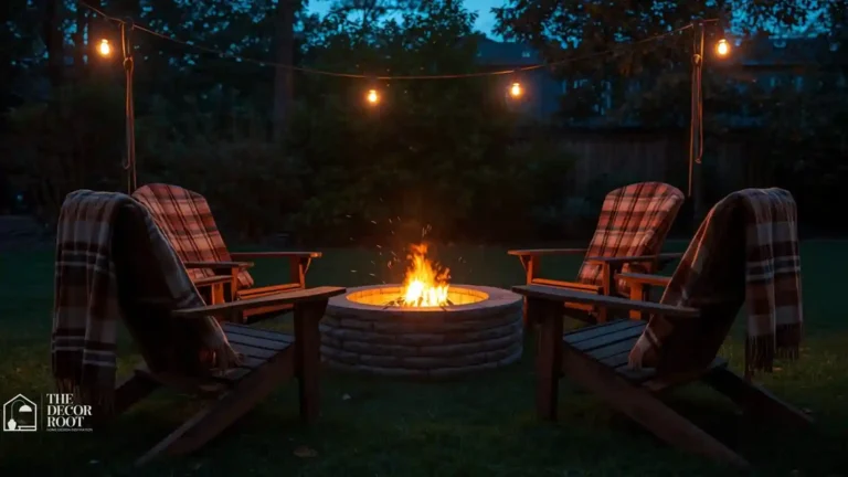 Semi-circle of Adirondack chairs with blankets arranged around an outdoor firepit at night