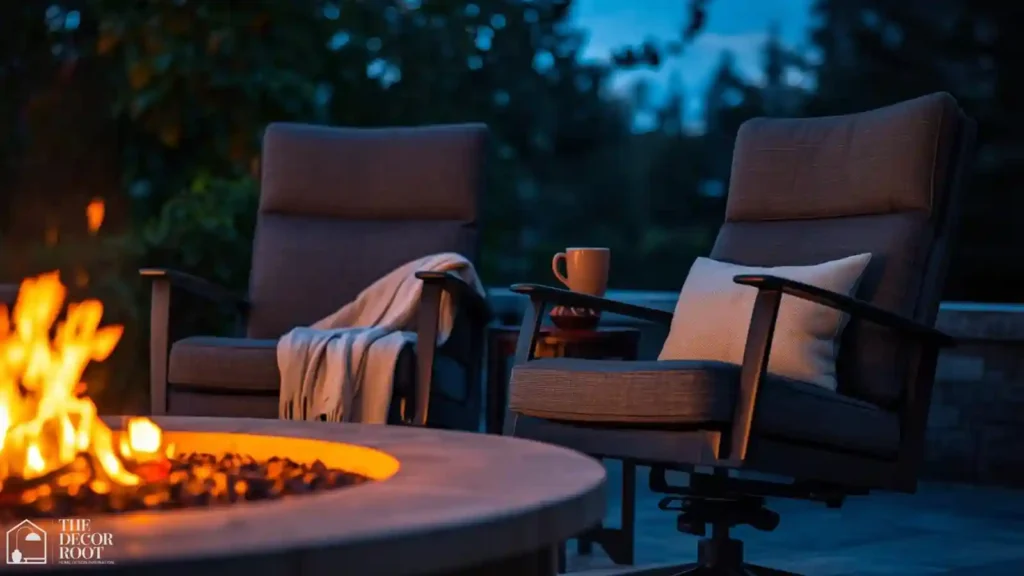 Swivel rocker chairs positioned around a backyard firepit in the evening